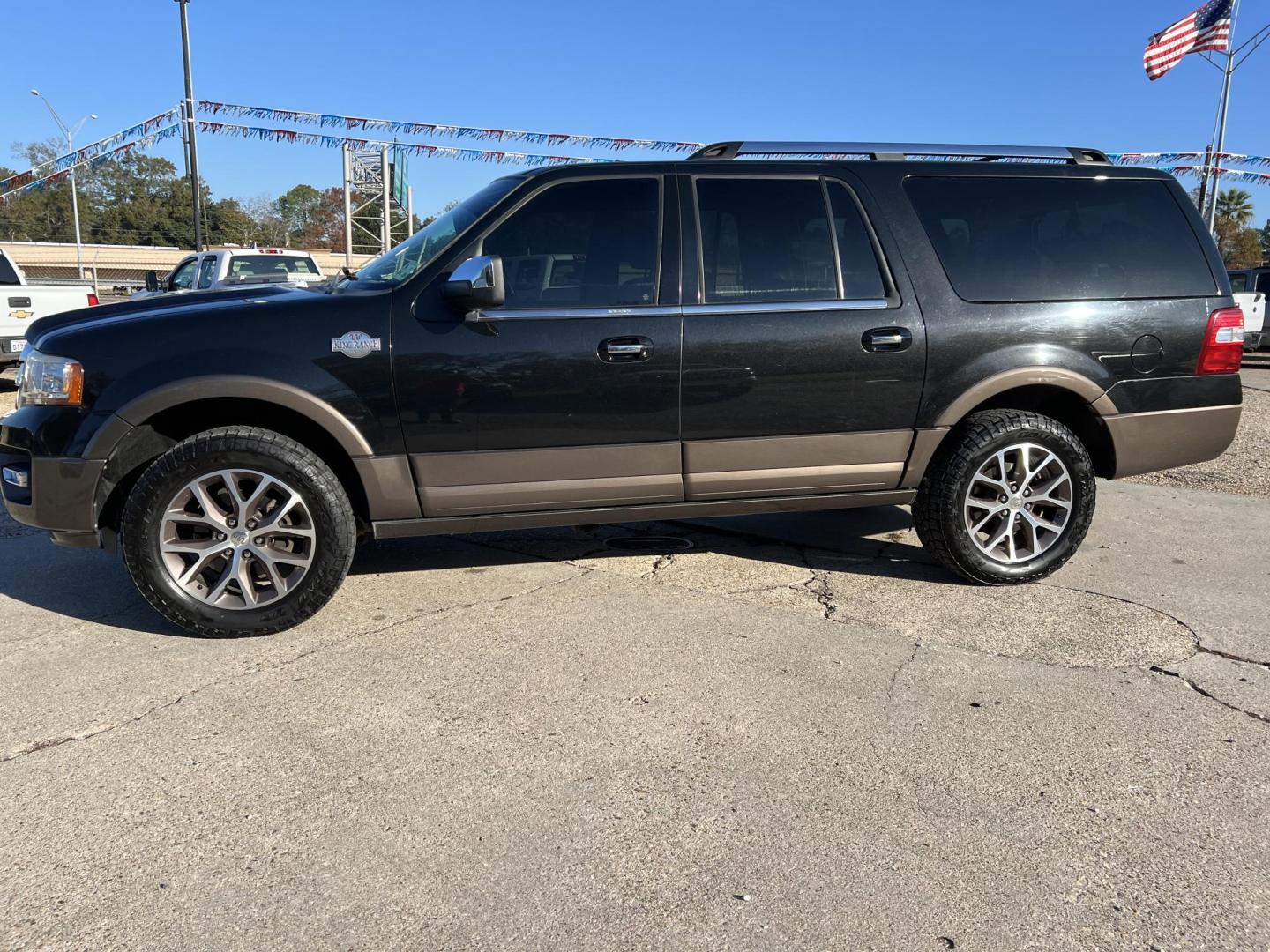 2015 Black /Brown Ford Expedition King Ranch (1FMJK1HT9FE) with an 3.5L V6 DOHC 24V FFV engine, 6-Speed Automatic transmission, located at 4520 Airline Hwy, Baton Rouge, LA, 70805, (225) 357-1497, 30.509325, -91.145432 - 2015 Ford Expedition EL King Ranch 3.5 V6 EcoBoost Gas, 129K Miles, Sunroof, Heated & Cooled Leather Interior, Seating For 7, Cold A/C & Heat, Power Windows, Locks, Mirrors & Seat, Towing Pkg. FOR INFO PLEASE CONTACT JEFF AT 225-413-0981 CHECK OUT OUR A+ RATING WITH THE BETTER BUSINESS BUREAU WE HA - Photo#1